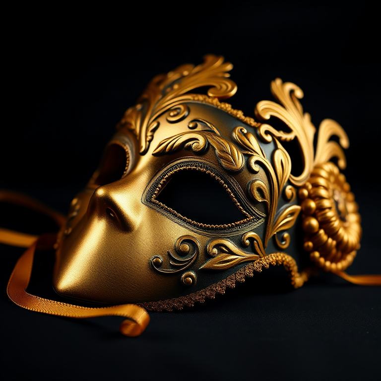 Create a high-resolution image of an ornate gold masquerade mask with intricate floral patterns on a black background, captured with a DSLR camera, 50mm lens, f/2.8 aperture, ISO 100, in a soft-focus professional studio lighting setup.