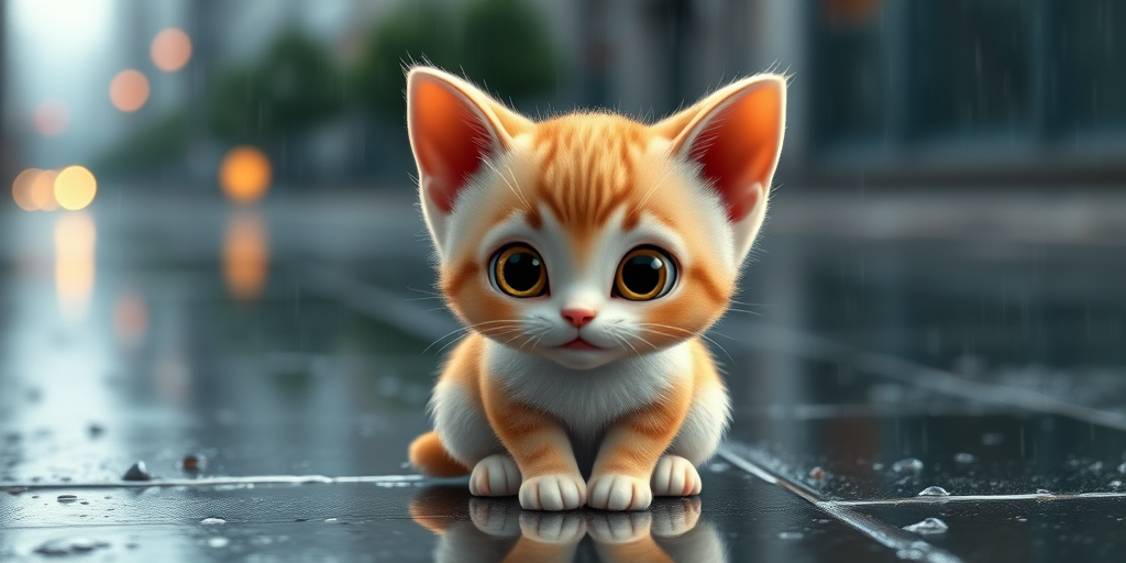 Create a cute, animated kitten with large expressive eyes sitting in the rain on a wet pavement, background slightly blurred to emphasize the kitten, use a 50mm lens with f/2.8 aperture, ISO 200, shutter speed 1/200s, in high-definition, shot with a DSLR camera.