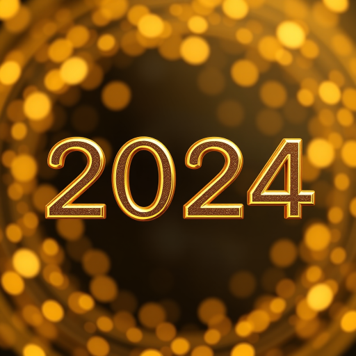 Create an image of the number 2024 in a shiny gold color with a background of golden spirals and sparkling light bokeh, shot with a DSLR camera at f/2.8, ISO 100, 50mm lens, and a shallow depth of field to enhance focus on the number and blur the background.