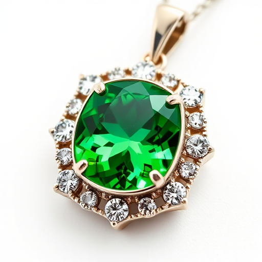 Regenerate an exquisite green gemstone pendant encased in intricate diamond settings, captured with a macro lens at f/2.8, 1/125s, ISO 100, shot with a Canon EOS R5 in a studio setting with a white background to enhance color vibrancy and detail.