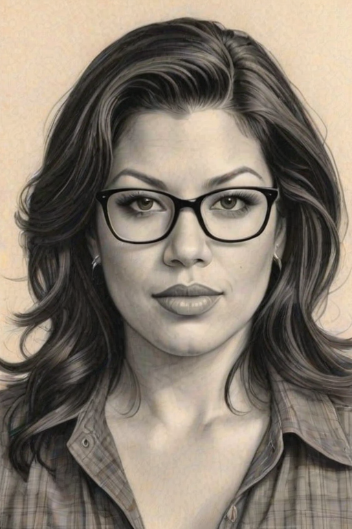 Enticing Sara Ramirez, pencil sketch, portrait of Fascinating woman 1975s in glasses, hair style beatnik, outline, clear lines, fine lines, 8k