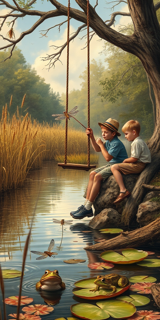 Imagine a small group of old fashioned young boys out fishing by the creek, a swing hanging from a tree branch, reeds and grasses by the water's edge, a frog sitting on a lily pad, dragonflies hovering over som water plans, a very iconic old fashioned scene reminiscent of a Norman Rockwell painting style