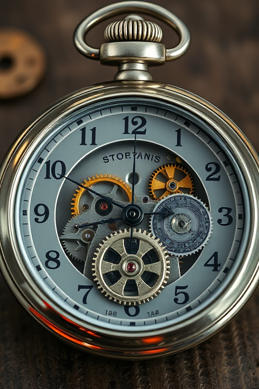 Create a high-resolution image of a vintage stopwatch with intricate gears visible inside, emphasizing a polished metal finish, shot with a DSLR camera at f/2.8, 50mm lens, ISO 100, in natural lighting, using a macro shot style to highlight details and textures.