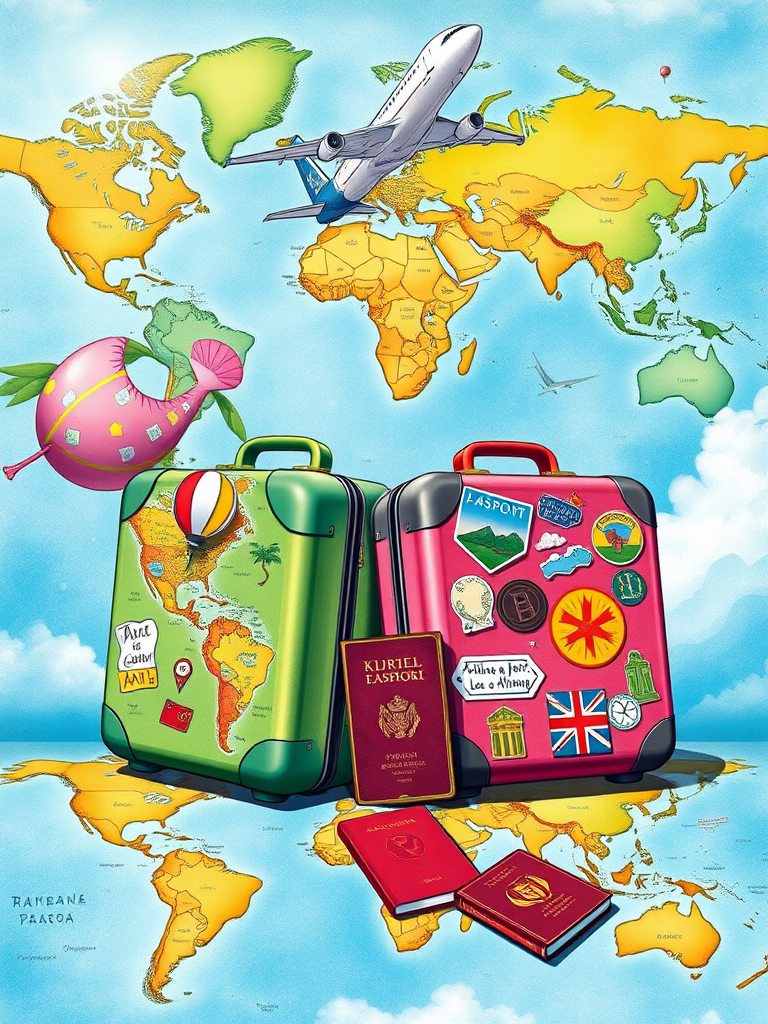Create a vibrant and detailed travel-themed illustration featuring a world map with pins, two colorful suitcases adorned with travel stickers, a passport, and an airplane flying overhead, captured with a DSLR camera at f/2.8, ISO 100, 50mm lens, in a bright and sunny environment.