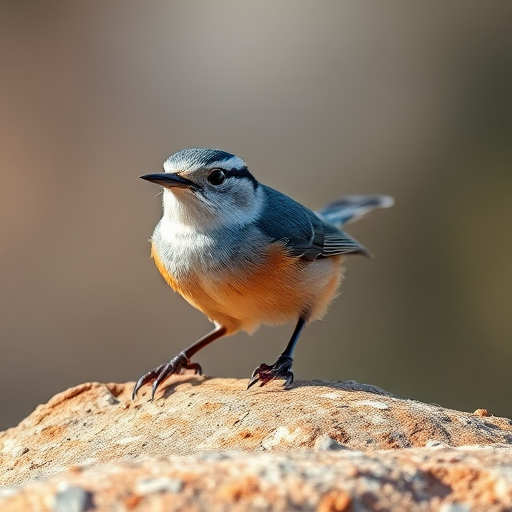 Capture a close-up shot of a nuthatch perched on a rock, using a DSLR camera with a 50mm lens at f/2.8 aperture, ISO 200, shutter speed 1/500s, in natural light for enhanced detail and vibrant colors, with a shallow depth of field to blur the background.