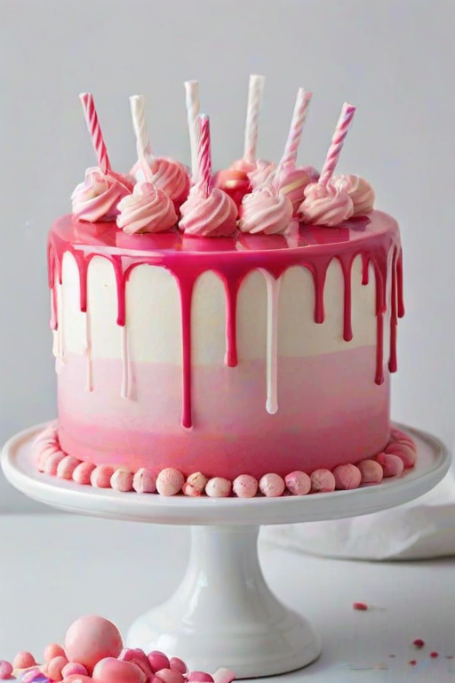 Create a pink ombre cake with a smooth finish. The cake should feature a glossy drip effect along the sides and be adorned with various pink candies, including a large lollipop on top, along with smaller round candies and decorative sprinkles. Place the cake on a white cake stand against a simple background.
