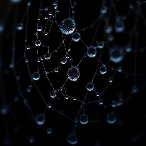 macro photograph of water droplets on a spider web with a dark background, aperture f/2.8, shutter speed 1/200s, ISO 400, focal length 50mm, natural light, DSLR camera, close-up view