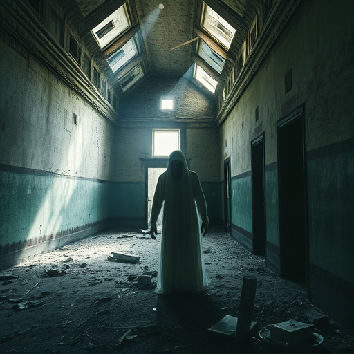 Regenerate a haunting scene of a ghostly figure in an abandoned building, captured with a DSLR camera at ISO 800, aperture f/2.8, shutter speed 1/60 sec, in a wide-angle view with dramatic lighting and high contrast for an eerie atmosphere.