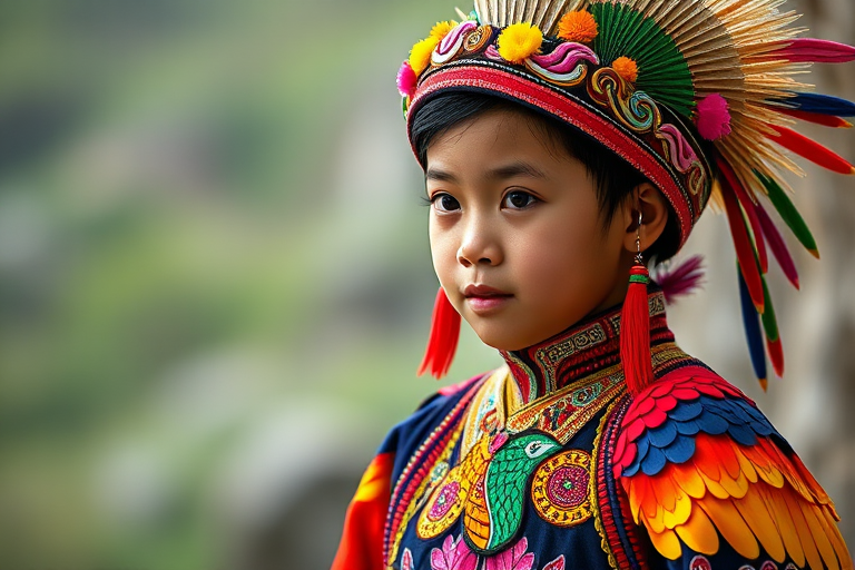 A beautiful Miao girl, wearing colorful bird clothing with vibrant colors