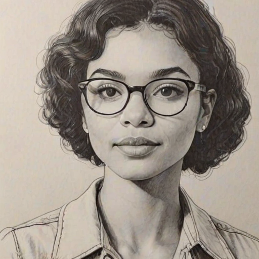 Exquisite Justice Smith, pencil sketch, portrait of Fascinating woman 1970s in glasses, hair style beatnik, outline, clear lines, fine lines, 8k
