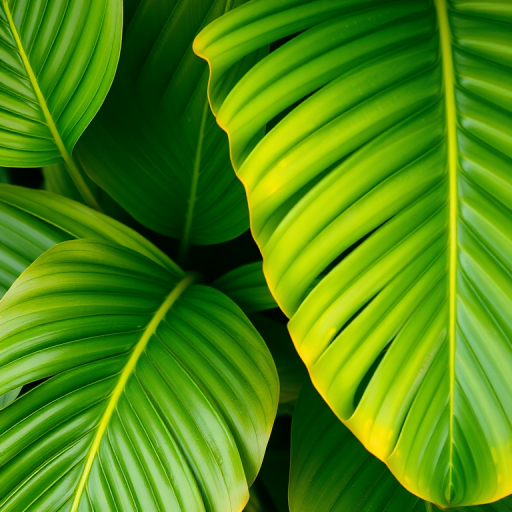 Create a high-resolution image of tropical leaves with vibrant green and olive tones, using a DSLR camera with a 50mm lens, aperture set to f/2.8, ISO 100, captured in soft natural light, angled at a slight overhead view to emphasize texture and detail.