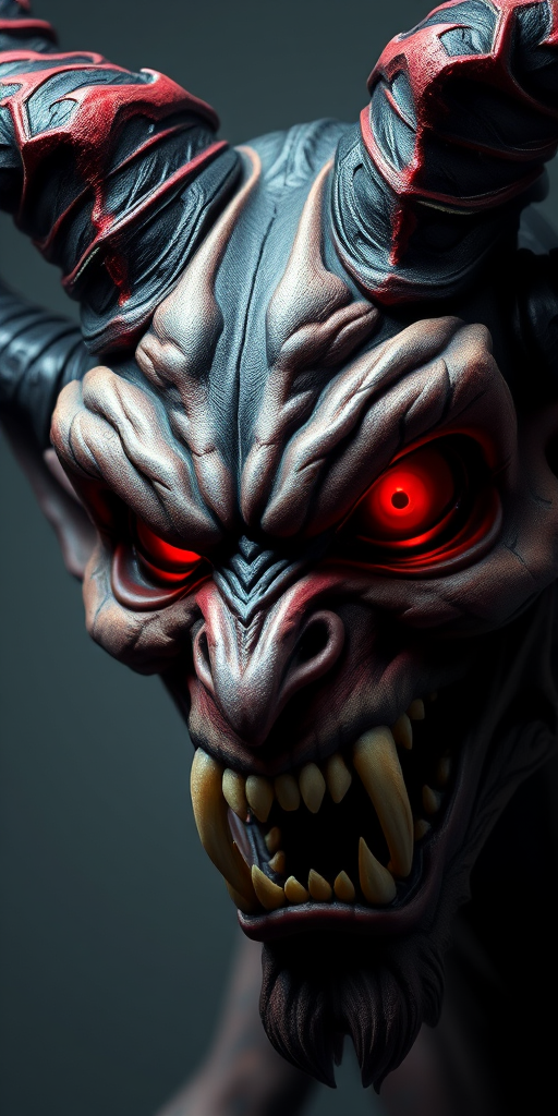 Create a highly detailed digital illustration of a menacing demon face with exaggerated red eyes, sharp teeth, and intricate black and red horns on a transparent background, shot with a Canon EOS R5 at f/2.8, ISO 100, 50mm lens, in a close-up view, using soft lighting to accentuate the features and create a dramatic effect.