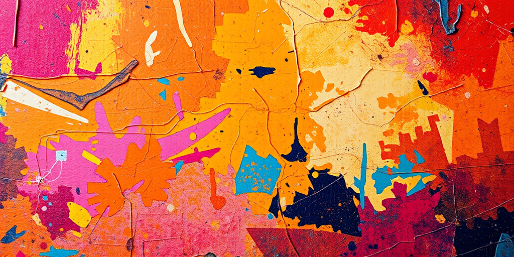Create an abstract texture artwork featuring a blend of warm and cool colors with vivid, contrasting patterns and textures, captured with a DSLR camera at f/8 aperture, ISO 200, 50mm lens, shot in natural light from a slight top-down angle to enhance depth and detail.