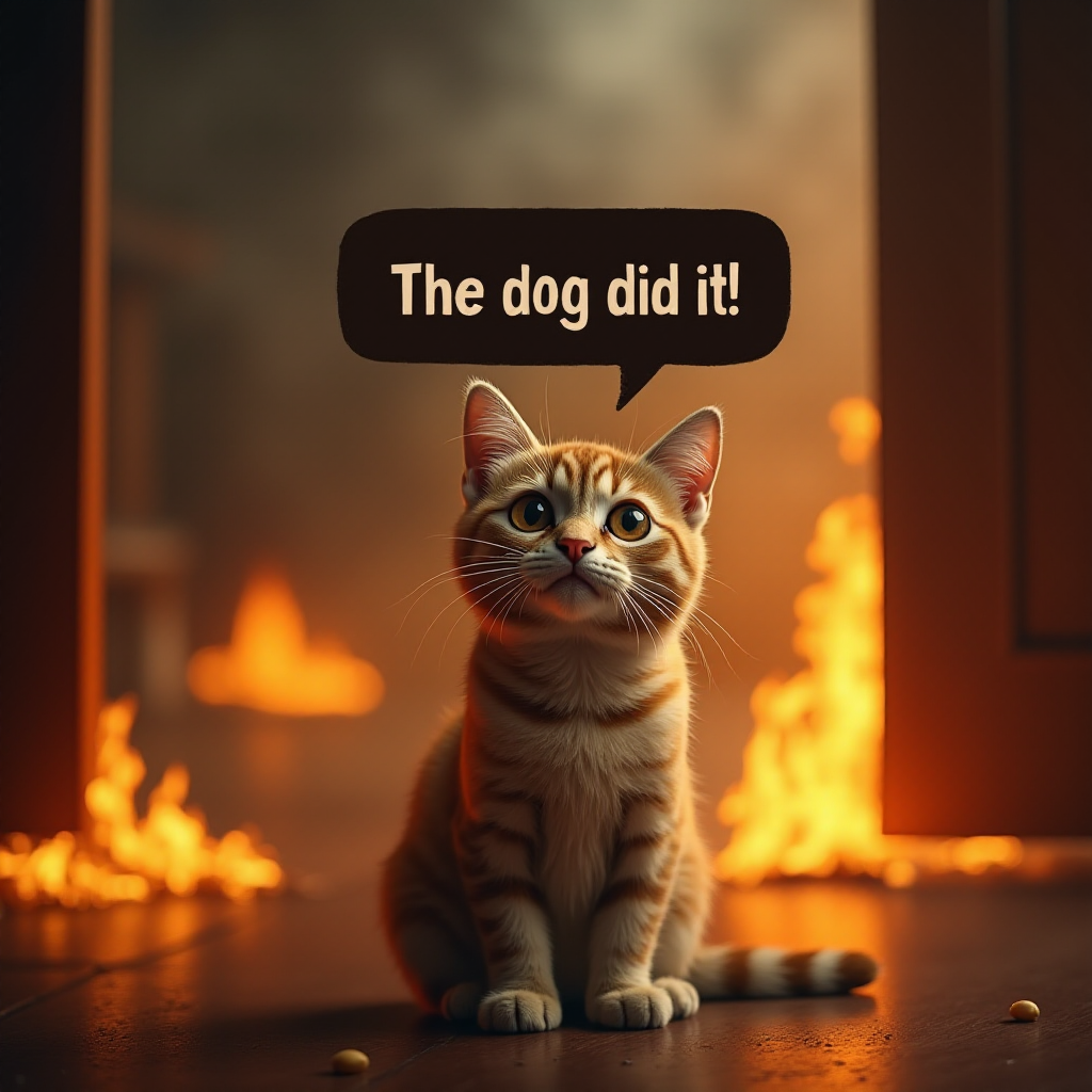 Photorealistic image of an innocent-looking cat sitting calmly in the middle of a burning room. Flames engulf the room, with fire licking up the walls and smoke filling the air. The cat is sitting on the floor, looking directly at the viewer with wide, innocent eyes. Above the cat, a speech bubble says "The dog did it!" The contrast between the cat's calm demeanor and the chaos around it creates a humorous and surreal scene.