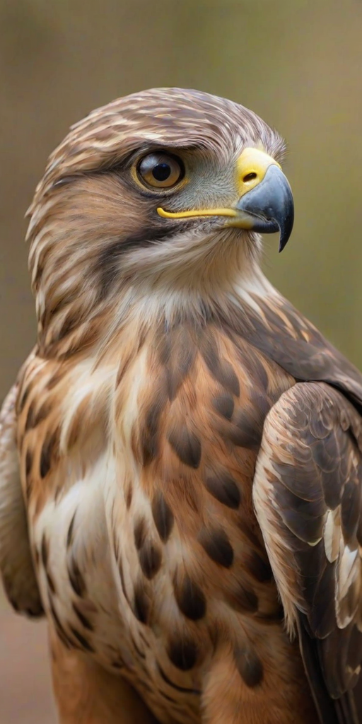 a close-up of a hawk with detailed feathers and piercing eyes, set against a blurred natural background