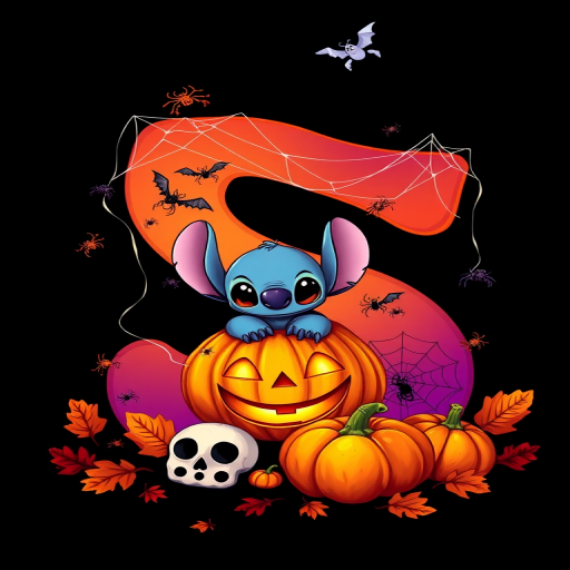 A whimsical and vibrant Halloween-themed digital illustration featuring the letter "S" adorned with spider webs, small bats, and cute spiders. At the base of the letter, a playful alien character similar to Stitch is peeking out from inside a carved pumpkin with glowing eyes, surrounded by additional pumpkins, a small skull, and autumn leaves. The letter is gradient-colored from orange to purple, adding a magical atmosphere to the scene, black background