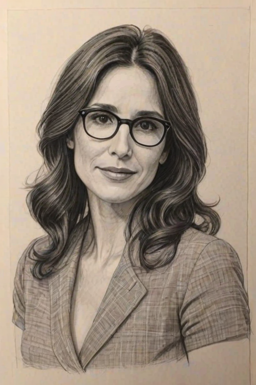 Gorgeous Michaela Watkins, pencil sketch, portrait of Magnificent woman 1967s in glasses, hair style beatnik, outline, clear lines, fine lines, 8k
