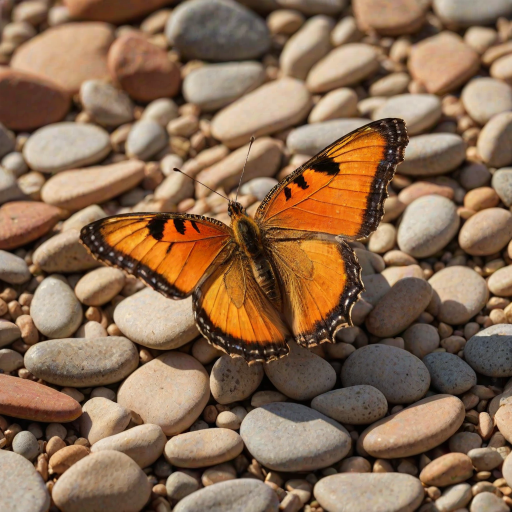 A vibrant orange and yellow butterfly with black markings is perched on a bed of small, brown pebbles in the warm, golden light of a setting sun. The butterfly is facing the viewer with its wings slightly raised, creating a sense of delicate movement. The background is a soft, blurred green and yellow, creating a gentle, natural atmosphere. The image is captured in a close-up perspective, focusing on the butterfly's intricate details and the warm glow of the sunlight.