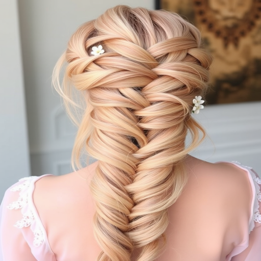Romantic Rose Gold Waterfall Braid exhibiting a soft blend of pale pink and warm golden hues woven into an intricate cascading braid accented with delicate floral hair pins