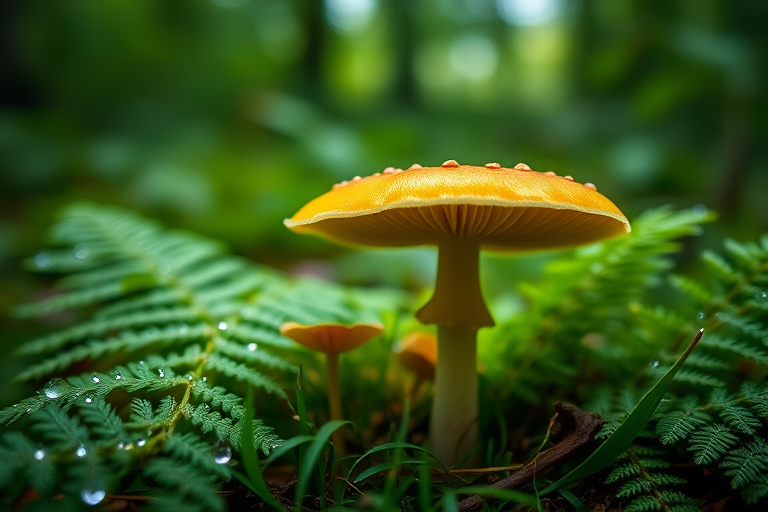 macro shot of a yellow mushroom in a lush green forest setting with soft focus background and dew on nearby ferns, f/2.8 aperture, ISO 100, 1/60 shutter speed, taken with a DSLR camera using a 100mm macro lens at eye level, natural lighting