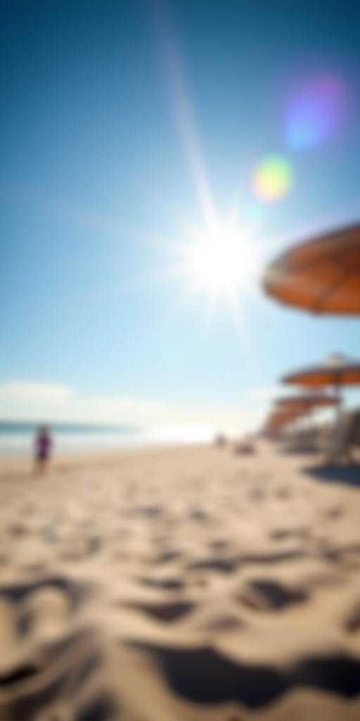 create a vibrant beach scene with soft bokeh effects, bright sunlight pouring over a blue sky and a blurred sandy foreground, using a DSLR camera, f/2.8 aperture, 1/2000s shutter speed, ISO 100, 35mm lens, shallow depth of field, and a slight lens flair for added brightness.