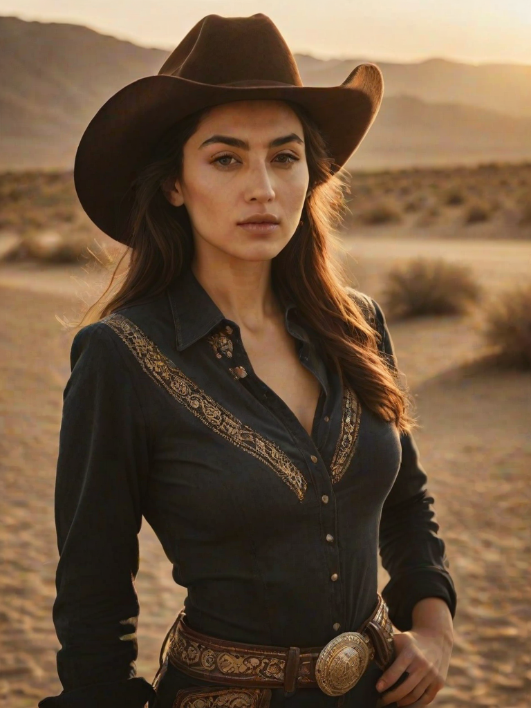 Dramatic photo of a beautiful Azerbaijani woman, classic cowboy attire, confident and free spirit expression, half-length portrait, centered, golden hour desert landscape, warm, diffused light, low angle, medium format film camera, in style of Annie Leibovitz.