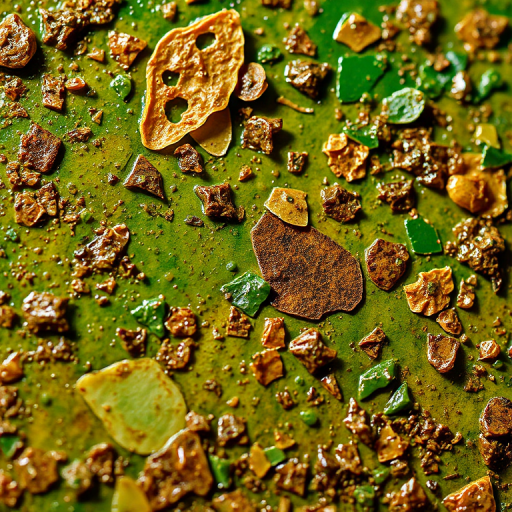 Create a highly detailed texture of a colorful, abstract surface with vibrant greens, browns, and golds, using a macro lens at f/2.8, 100mm focal length, ISO 200, natural lighting, capturing a dynamic close-up view with a shallow depth of field.