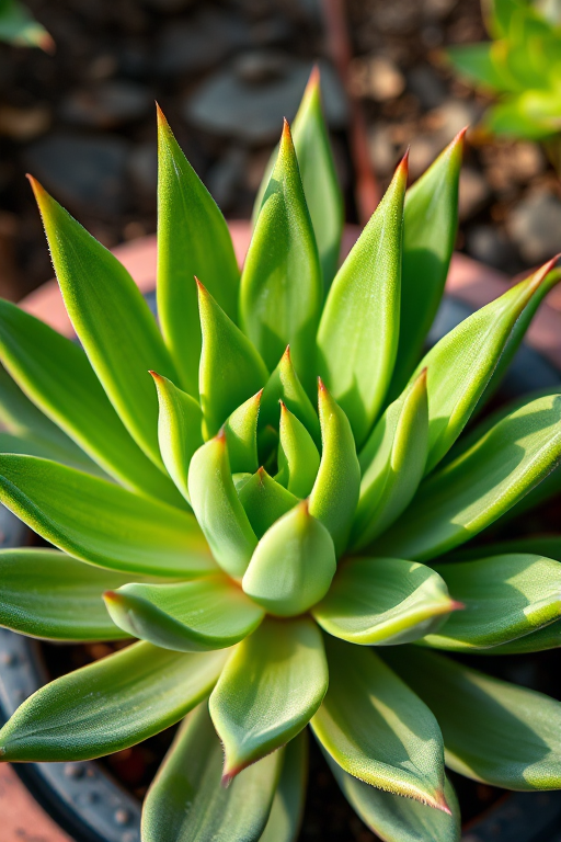 Regenerate a detailed and vibrant illustration of a succulent plant with elongated green leaves, shot with a Canon EOS R5, 50mm lens, aperture f/4, ISO 100, in natural daylight, with a shallow depth of field for enhanced clarity and focus on the plant.