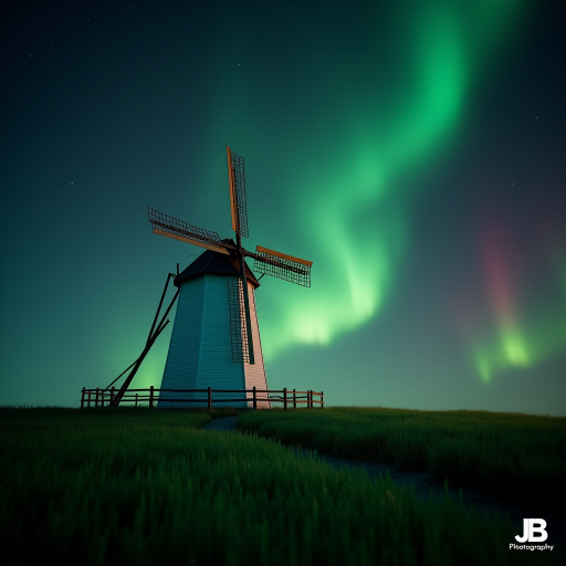 An ultra-realistic and highly detailed 4d, uhd photograph capturing a white windmill with wooden blades located in a green field. The night sky in the background is illuminated by an aurora borealis, which displays vibrant colors of green and red, blending together in a magical way and spreading across the firmament dotted with stars. The aurora borealis creates an impressive and dazzling visual effect, standing out against the dark sky. In the bottom right-hand corner of the image is a logo with the letters 'JB' and the word 'Photography'. The composition of the image combines the traditional element of the windmill with the extraordinary natural phenomenon of the Northern Lights, creating a unique and breathtaking scene.