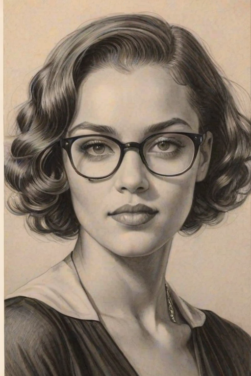 Lovely Jesse Williams, pencil sketch, portrait of Alluring woman 1929s in glasses, hair style beatnik, outline, clear lines, fine lines, 8k