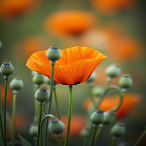 A vibrant orange poppy flower seen amongst green buds, shot with a Canon EOS 5D Mark IV, 50mm lens, aperture f/2.8, ISO 100, natural lighting, shallow depth of field for background blur.