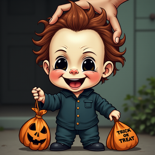 A whimsical caricature of a child version of Michael Myers, grinning mischievously. He is held by the hand of an unrecognizable person (only their hand visible), while holding a bag labeled 'Trick or Treat.' His facial expression is playful yet slightly menacing, reflecting his iconic figure. The scene is in portrait format with a Halloween theme, featuring exaggerated cartoon details like big eyes, a small body, and a creepy yet light-hearted tone.