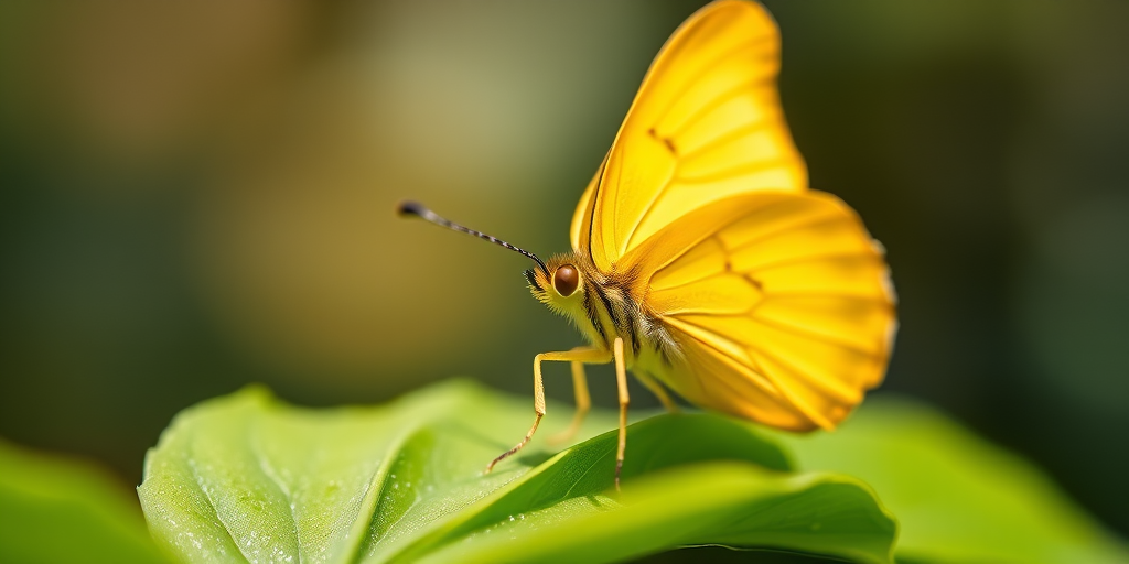 Close-up of a yellow butterfly perched on a green leaf, natural lighting, shallow depth of field, aperture f/2.8, ISO 200, focal length 100mm macro lens, DSLR camera, vibrant colors and high detail.