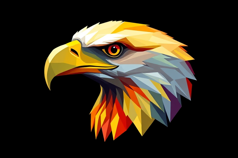 Create a high-resolution polygonal illustration of an eagle's head, featuring sharp geometric shapes, vibrant colors, and a dark background, using a DSLR camera with a 50mm lens, f/2.8 aperture, ISO 100, and a high-quality editing software for sharpness and clarity.