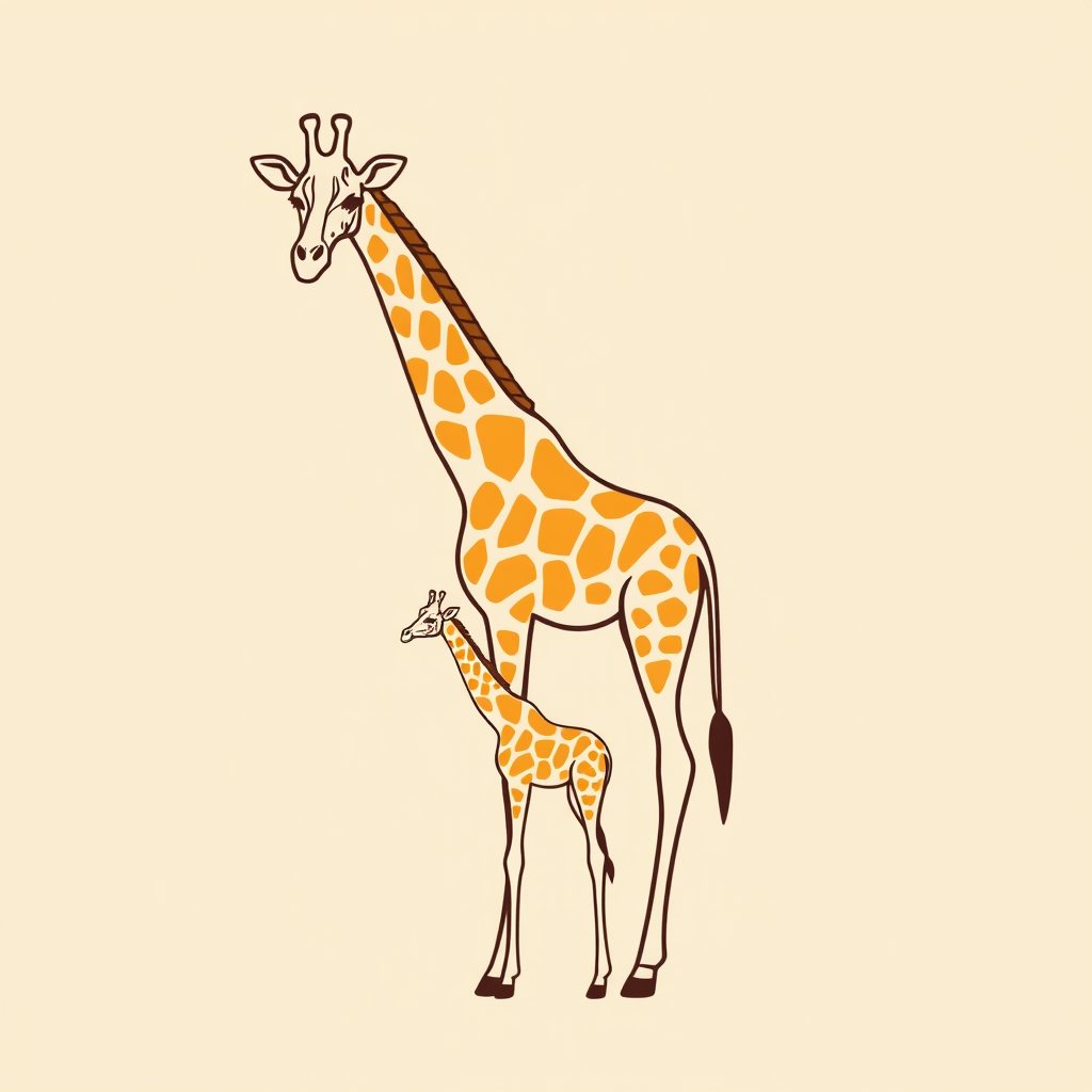 Create a minimalist line drawing of a giraffe and its calf, with smooth curves and organic shapes, incorporate warm earth tones on a soft pastel background, using a DSLR camera with a 50mm lens, aperture set to f/1.8 for shallow depth of field, 1/200 sec shutter speed, and ISO 100 for optimal clarity.
