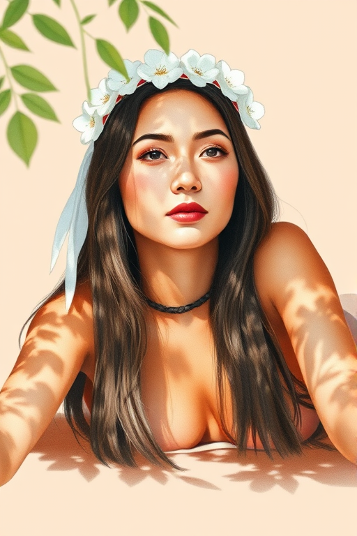create a watercolor painting of an ethereal portrait of beautiful Native American woman with a simple white flower crown on her head. Her hair is long and she is lying on the ground. The sunlight on the trees casts shadows from the leaves on her face and body. The background is a neutral brown color that matches her skin tone. The image is minimalist and solid colors. This style is characterized by soft, delicate brushstrokes and a light, airy, contrasting color palette. High level of detail and play of light