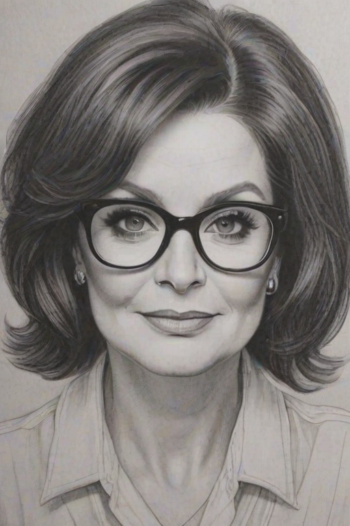 Captivating Sharon Osbourne, pencil sketch, portrait of Captivating woman 1929s in glasses, hair style beatnik, outline, clear lines, fine lines, 8k