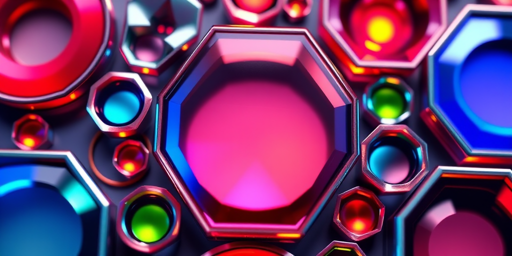 Create a high-resolution vector graphic of circular and hexagonal shapes with colorful gradients and a shiny metallic border, using a macro lens with a shallow depth of field, in soft natural lighting for enhanced detail and vibrancy.