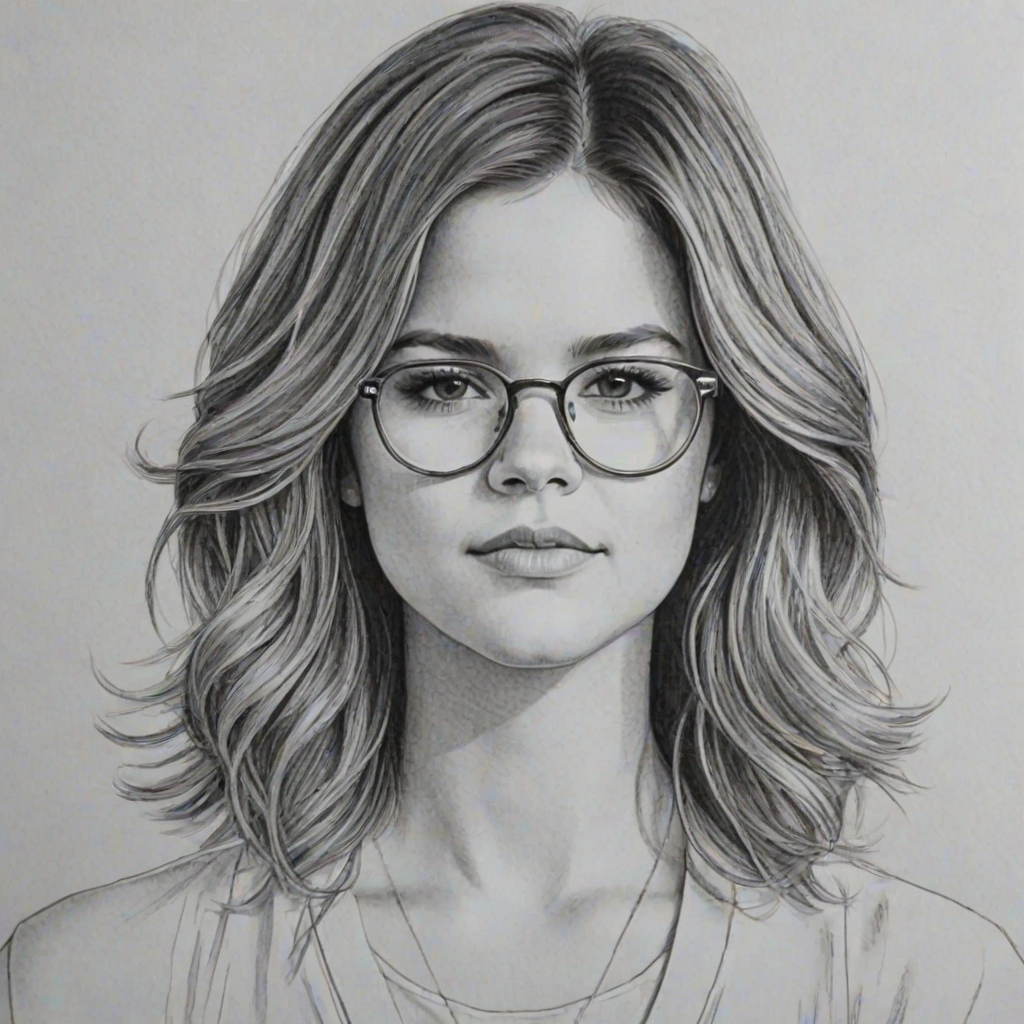 Beauteous Maren Morris, pencil sketch, portrait of Appealing woman 1980s in glasses, hair style beatnik, outline, clear lines, fine lines, 8k