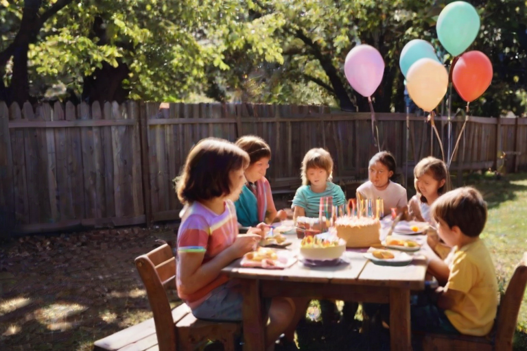 Grainy photo of a child's birthday party, backyard setting, colorful balloons tied to a wooden fence, the birthday child blowing out candles on a homemade cake, friends gathered around in mismatched chairs, sunlight dappling through tree branches above, a dog sitting patiently under the table.