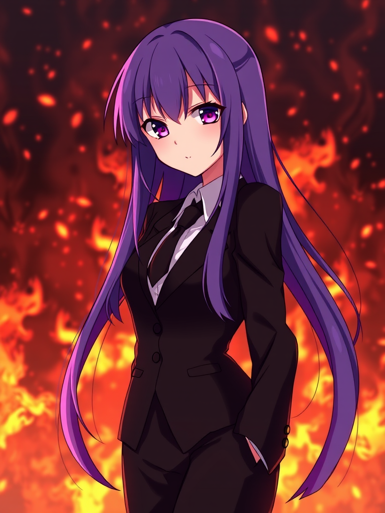 anime girl with long purple hair in a black suit standing confidently against a fiery background, high-resolution, DSLR camera, f/2.8 aperture, ISO 100, 50mm lens, portrait orientation, dramatic lighting