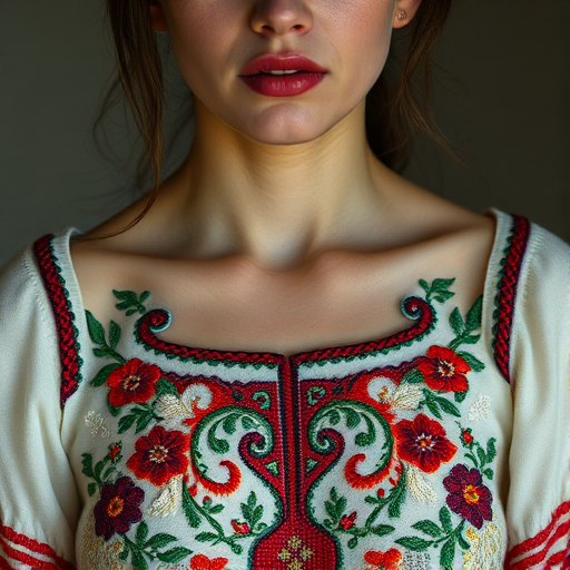 Face, shoulders, chest covered in openwork Ukrainian embroidery. Raw, unedited image.