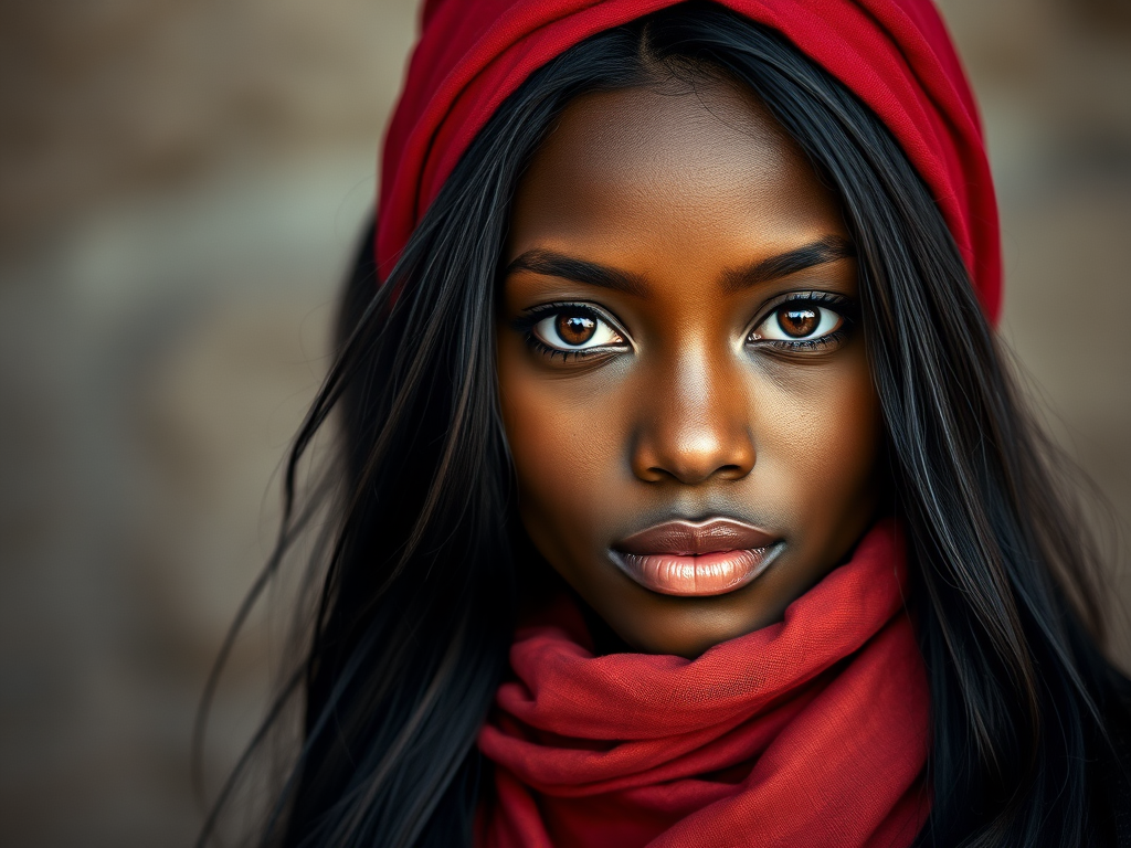 Create a portrait of a young African American woman with long, dark hair and captivating hazel eyes. She is wearing a red headscarf and a matching scarf draped gracefully around her neck. The background is softly blurred, focusing attention on her serene and natural expression. The overall color palette is muted and warm, enhancing the intimate and authentic feel of the portrait.