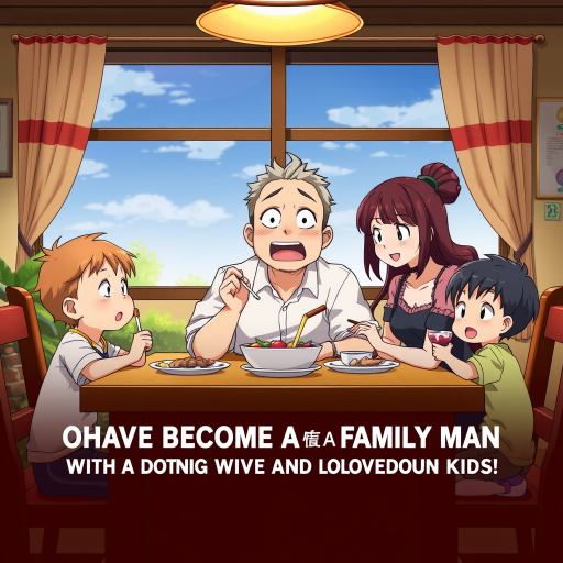 isekai anime style poster depicting a happy Family of four, a surprised dad sitting at a table with his wife and two kids eating something; the movie title clearly reads "OH NO! I HAVE BECOME A FAMILY MAN WITH A DOTING WIFE AND LOVABLE KIDS!", written in clear and exact letters