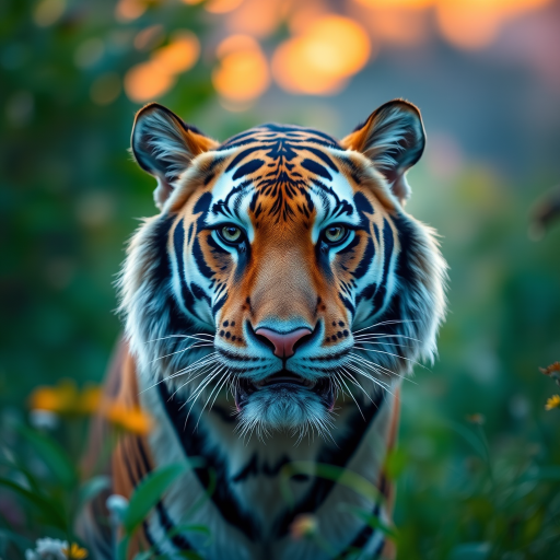 Capture a close-up portrait of a tiger in a lush, colorful environment during golden hour using a DSLR camera, 50mm lens, aperture f/1.8, ISO 100, shutter speed 1/200s, with a shallow depth of field to enhance the bokeh effect.