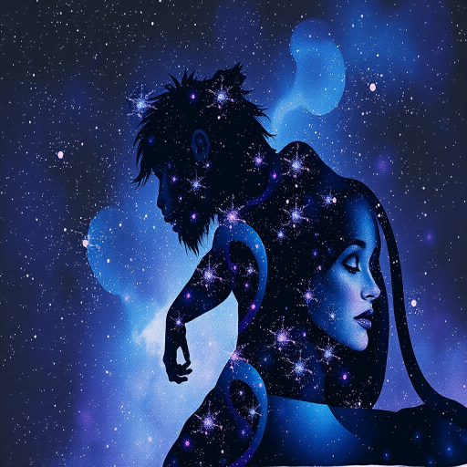 Captivating conceptual render alcohol ink art, double exposure, the paint strokes artfully merge combining a woman's full silhouette with a Swinging monkey's silhouette. The figures are composed of a series of colored dots, lines & spots that evoke the image of a cosmic galaxy, colors are deep shades of blue purple & black with flashes of white & silver representing distant stars. The woman's silhouette is formed within the lion's silhouette from constellations of scattered stars, surreal