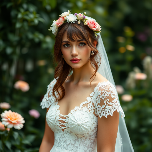 Garden scene, bridal model, delicate lace gown, floral headpiece, soft romantic focus, high-key lighting and an 85mm lens for soft, even tones that highlight the model’s face and bright outfit against a white or light background