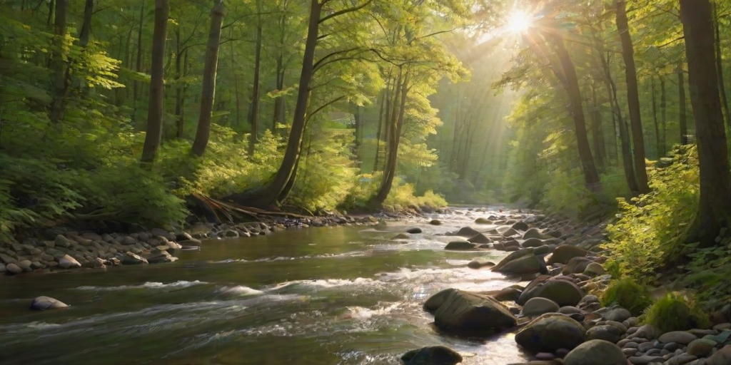 Create an image of a serene, sunlit forest scene with a clear, gently flowing river. Tall trees with lush green foliage line both sides of the river, their leaves bathed in the warm golden light of the setting or rising sun. The sunlight filters through the trees, casting soft, dappled light on the river, which flows over smooth rocks and pebbles, creating a peaceful, natural atmosphere. The sky is bright with a few scattered clouds, and the overall mood is tranquil, evoking a deep sense of connection with nature. The image captures the beauty of a calm, pristine forest landscape at either dawn or dusk.