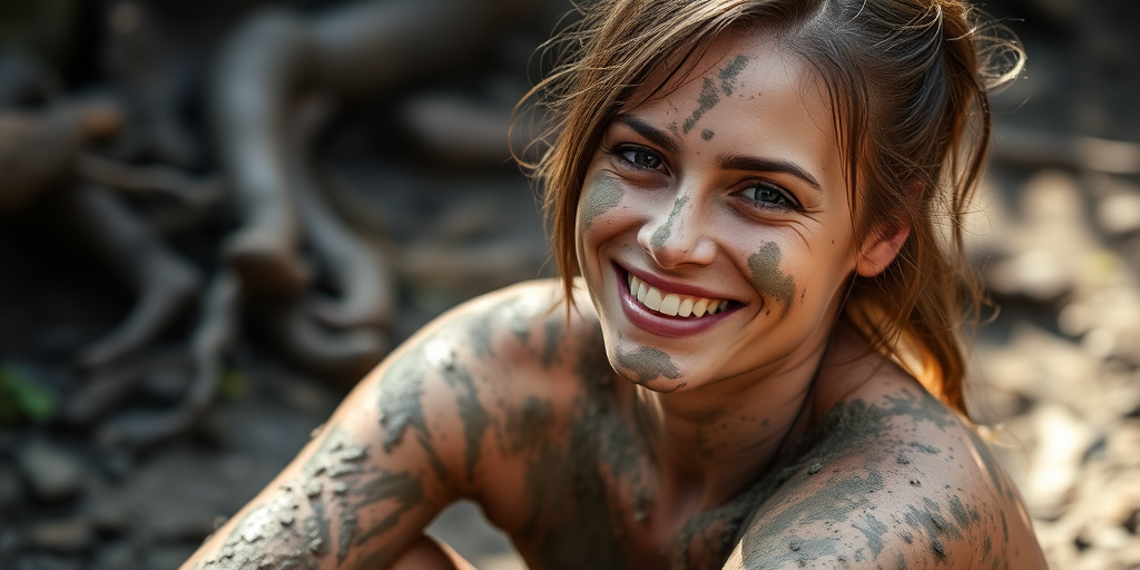 portrait of a smiling woman covered in mud sitting in a natural outdoor setting, soft natural lighting, shallow depth of field, ISO 200, aperture f/2.8, 85mm lens, DSLR camera, focused on facial features and textures