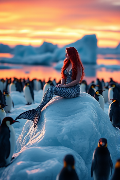 Create an image of a beautiful mermaid sitting on an iceberg at sunset surrounded by penguins, using a Canon EOS R5, 50mm f/1.2 lens, ISO 200, aperture f/2.8, 1/200 sec exposure, with vibrant colors and a dreamy atmosphere.